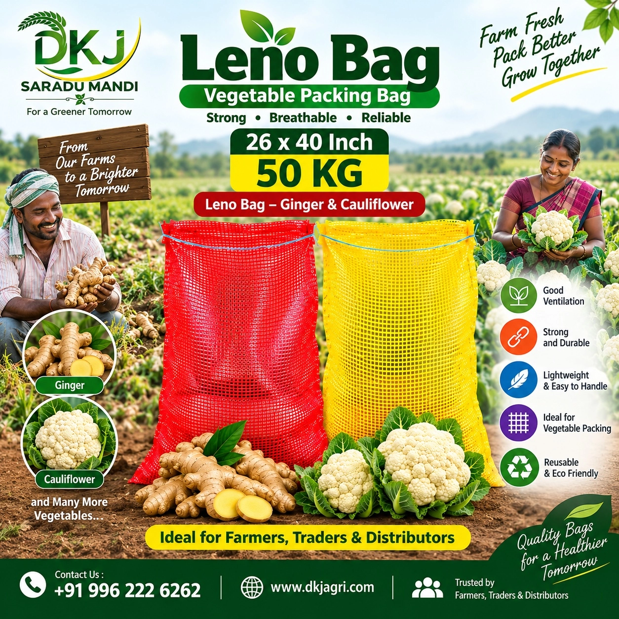 26 x 40 Inch 50 KG Leno Bag – Ginger & Cauliflower