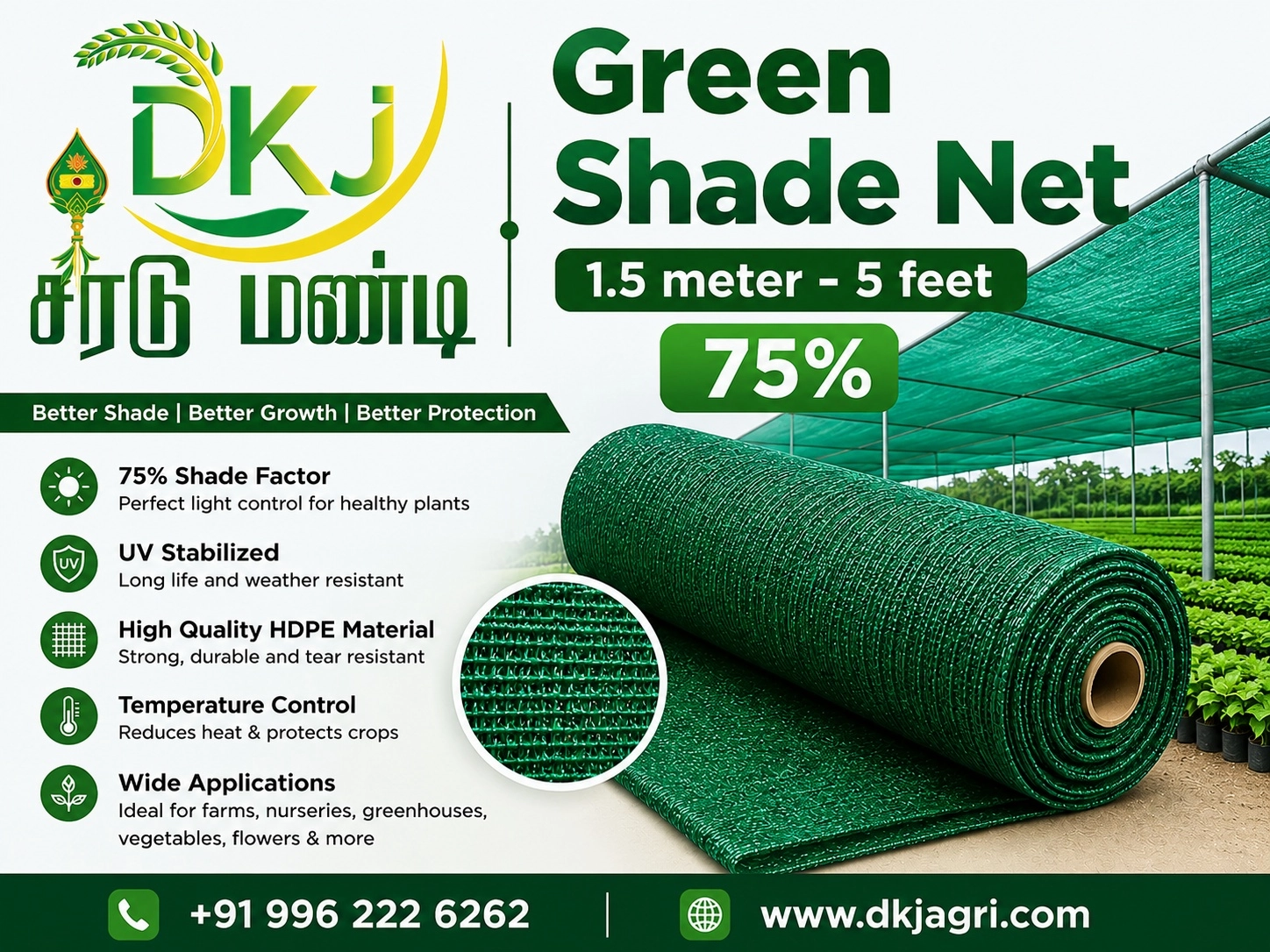 Green Shade Net 1.5 meter- 5feet 75%