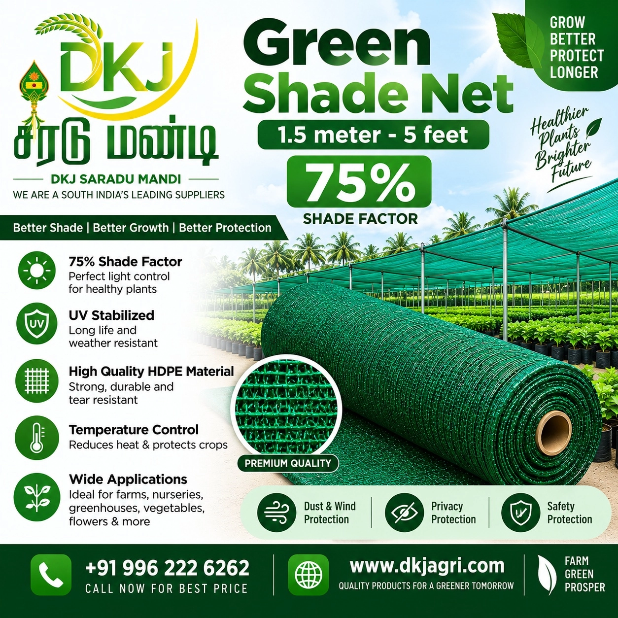 Green Shade Net 1.5 meter- 5feet 75%