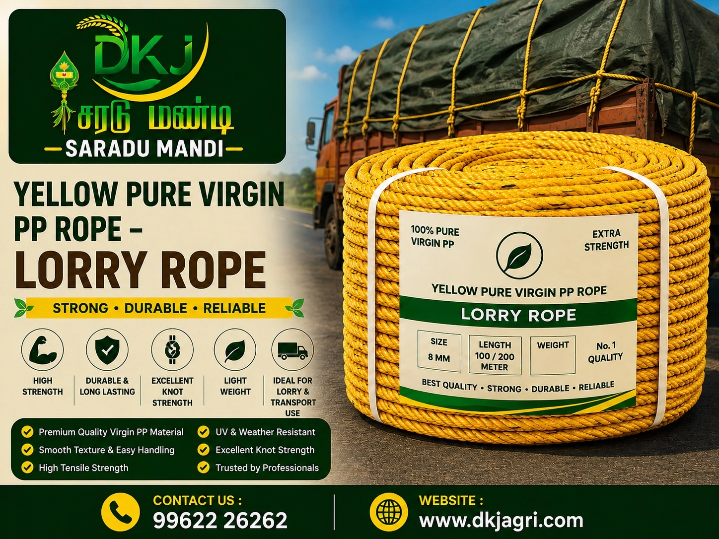 Yellow Pure Virgin PP Rope – Lorry Rope