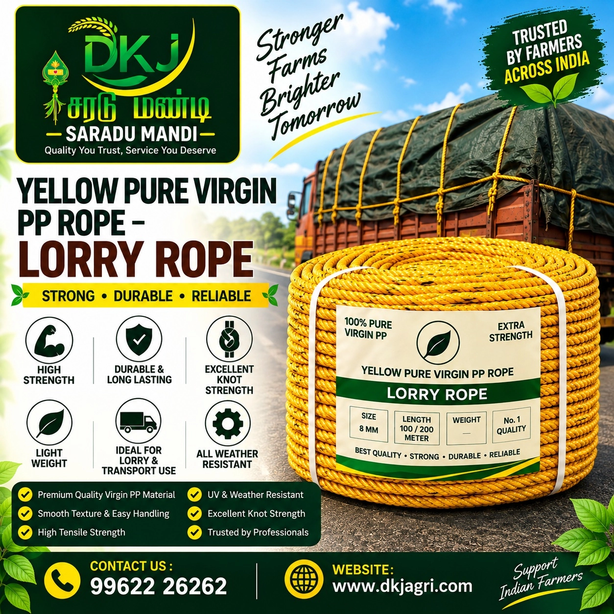 Yellow Pure Virgin PP Rope – Lorry Rope