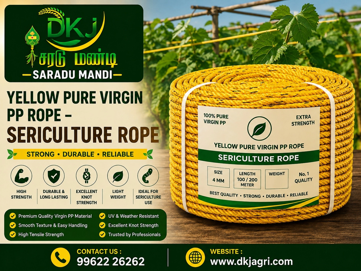 Yellow Pure Virgin PP Rope – Sericulture Rope