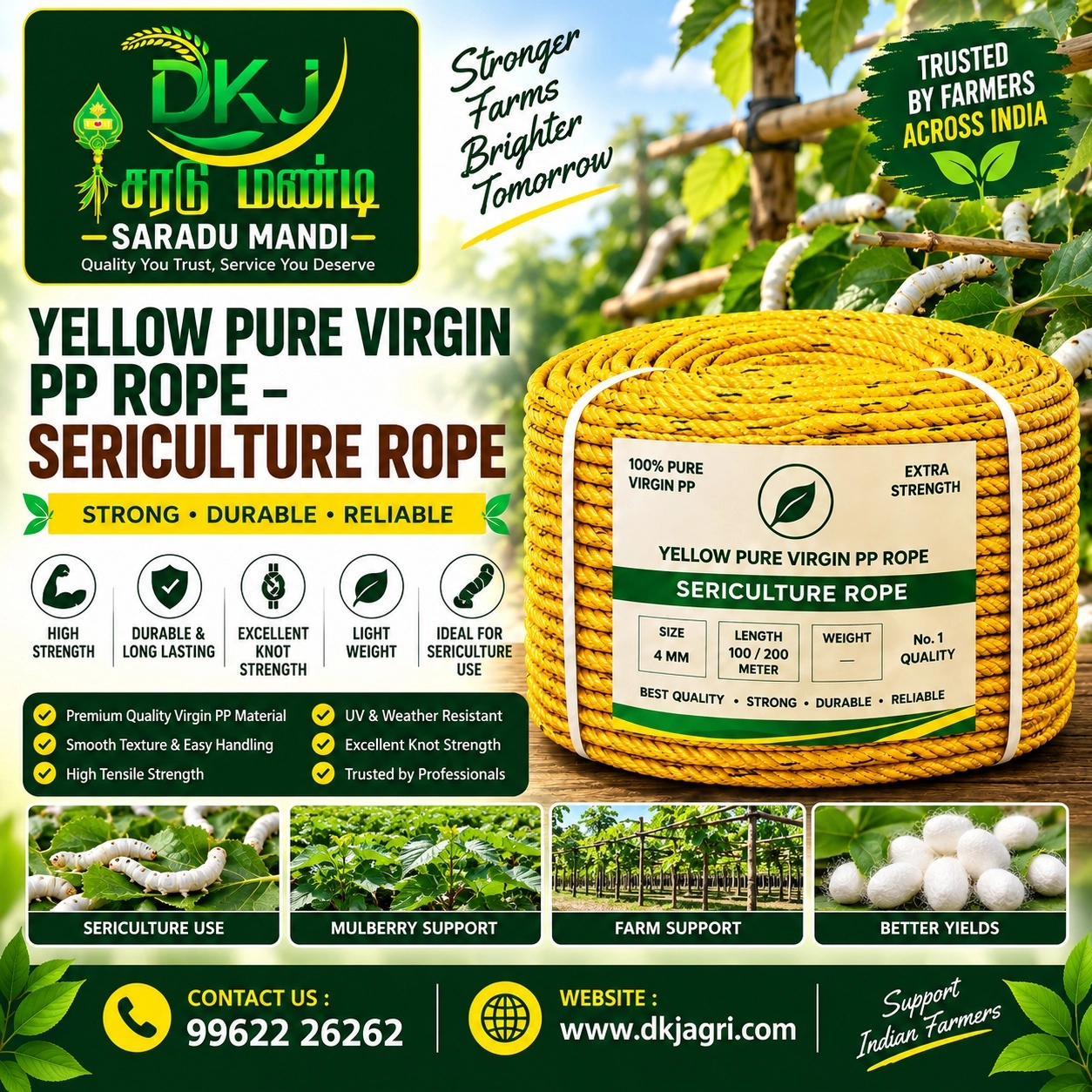 Yellow Pure Virgin PP Rope – Sericulture Rope